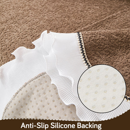 French Classic Frill Wavy Sofa Cover Mat with Curve & Lace - Mocha Luxe Brown