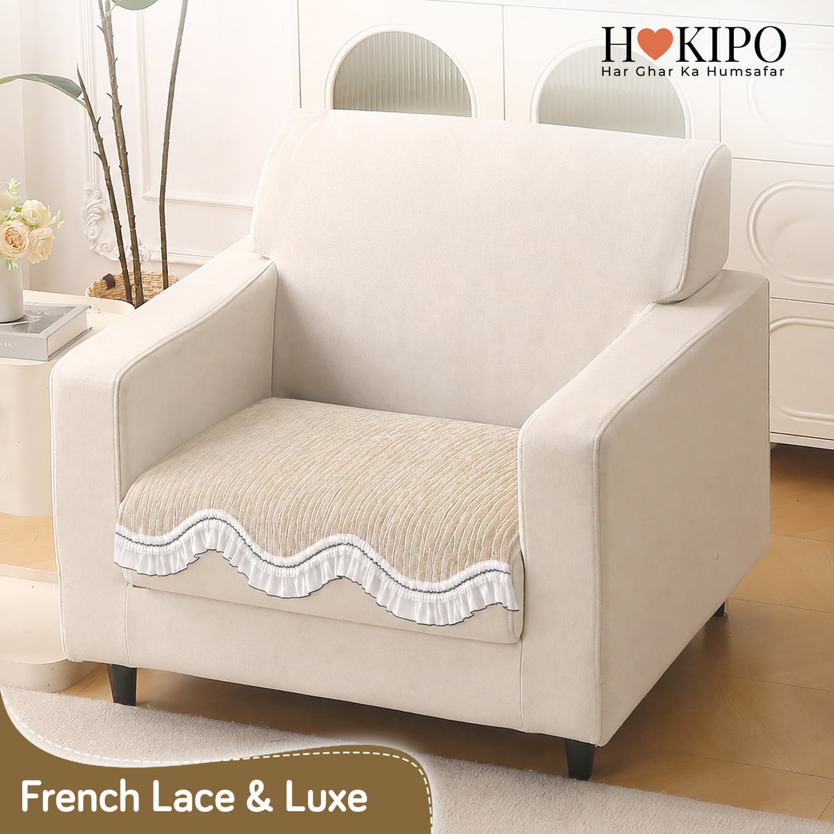 French Lace & Luxe with White Ruffle Edge Sofa Cover Mat, Moonstone Beige