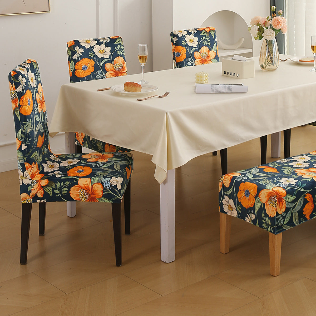 Premium Velvet Cover Set for 4 Dining Chairs + 1 Dining Bench, Teal Twilight Garden