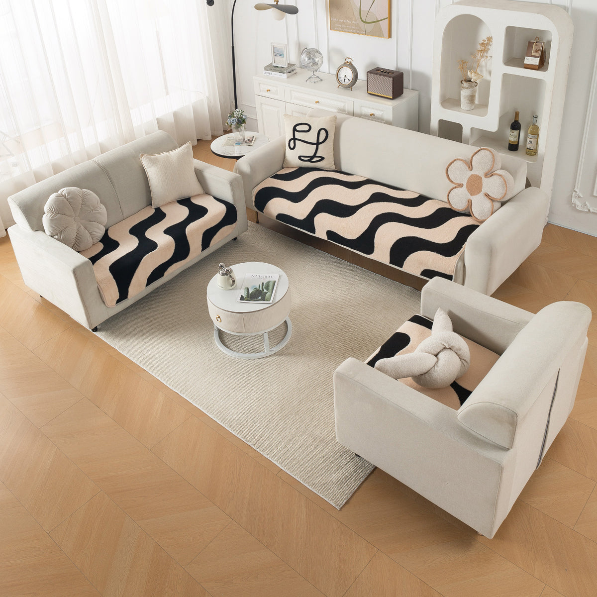 Luxury Plush Sherpa Anti Slip Combination Sofa Mat, 'Noirea Series'|Wavy Stripe