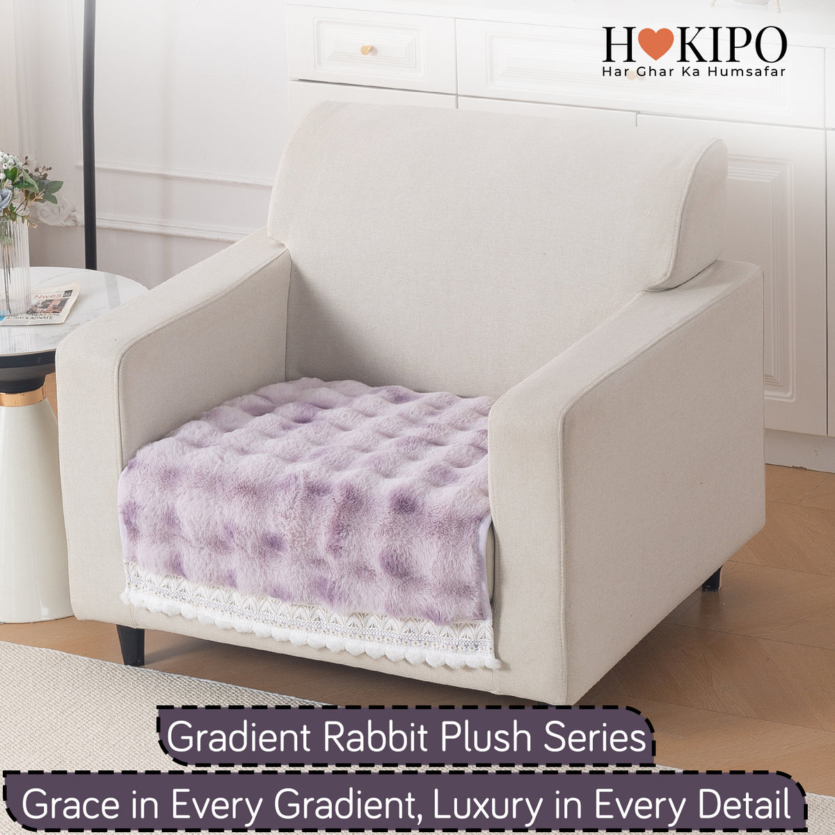 Faux Rabbit Fur Sofa Cover with Lace |Gradient Rabbit Plush, Violet