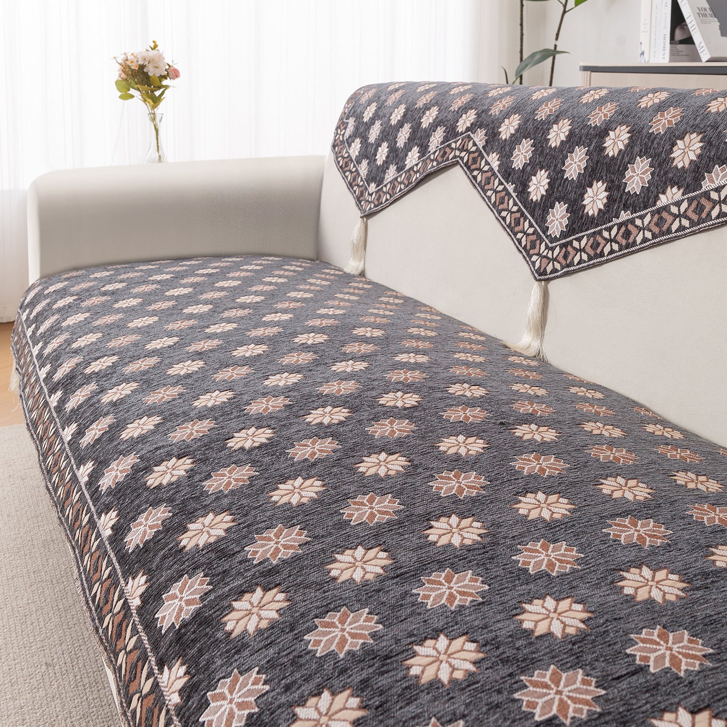 Heritage Weave Premium Jacquard Sofa Cover Set with Tassels - Graphite Grey