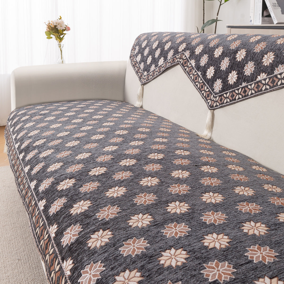Heritage Weave Premium Jacquard Sofa Cover Set with Tassels - Graphite Grey
