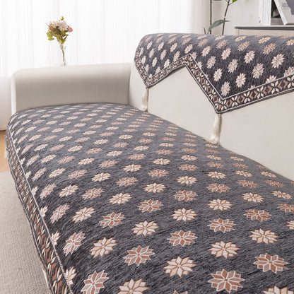 Heritage Weave Premium Jacquard Sofa Cover Set with Tassels - Graphite Grey