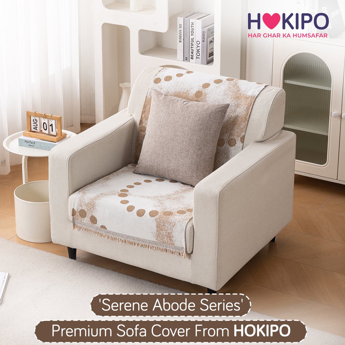 Premium 320 GSM Chenille Sofa Cover 'Serene Abode Series', Latte Dotted Wave