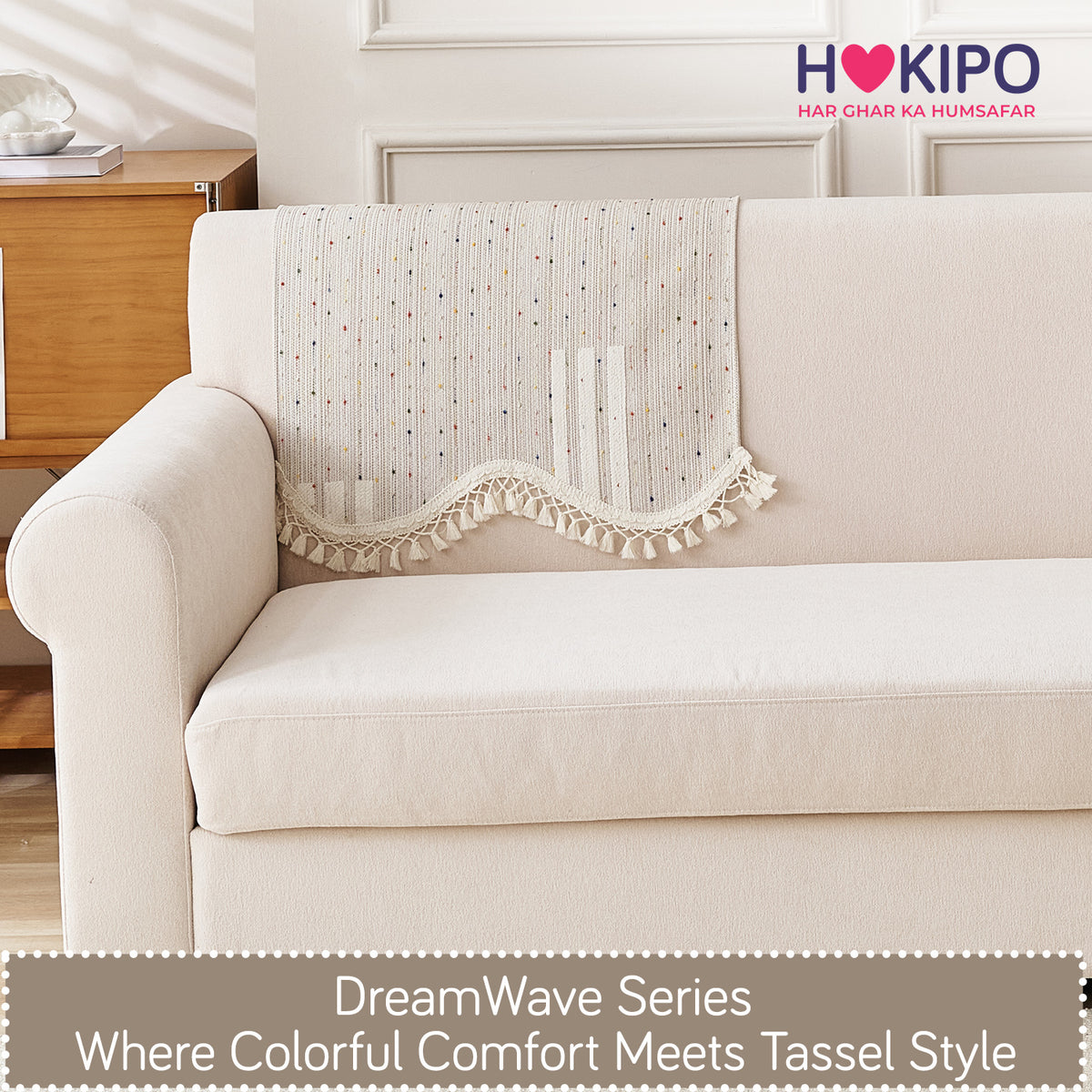 DreamWave Chenille with Tassels Sofa Cover Mat, Pastel Sand