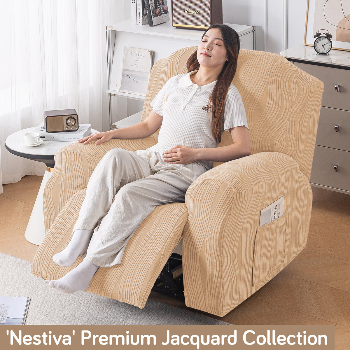 Buy Blush Beige Colour Nestiva series knitting jacquard recliner sofa cover​ -  HOKIPO | Har Ghar ka Humsafar