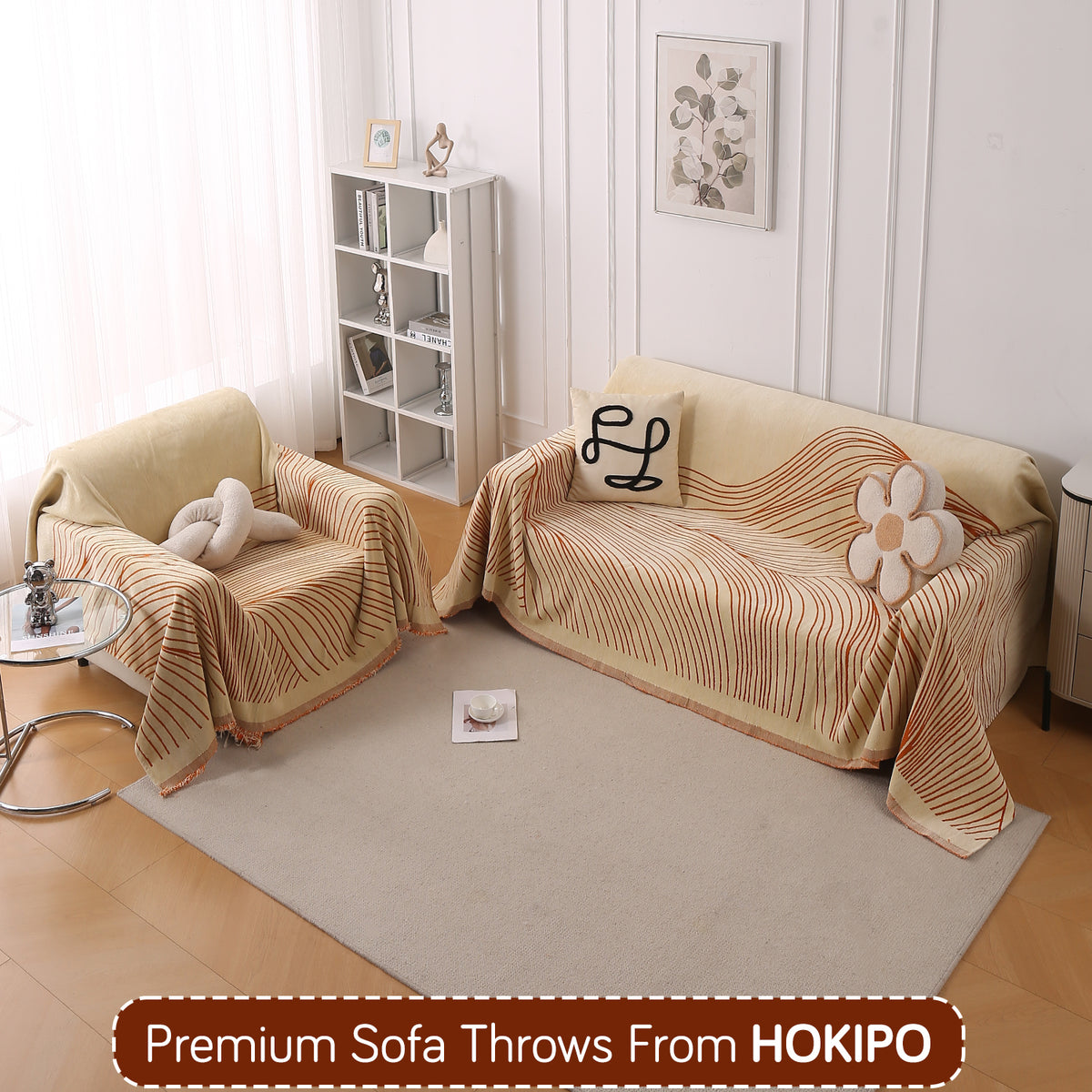 Buy Orange Colour WaveLoom Chenille Sofa Throw for 2+1 Sofa Sets | HOKIPO
