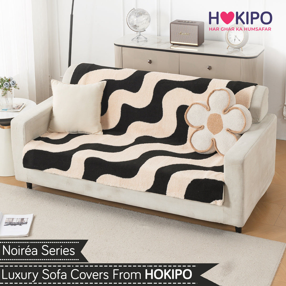 'Noirea Series' Plush Sofa Cover for Seat & Back, Wavy Stripe