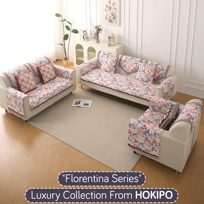 Florentina Series Printed Holland Velvet Sofa Mat - Scarlet Rose Ivory