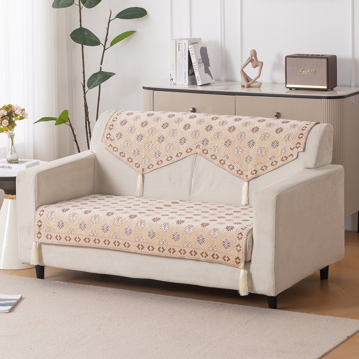 Heritage Weave Premium Jacquard Sofa Cover Set with Tassels - Sandy Beige