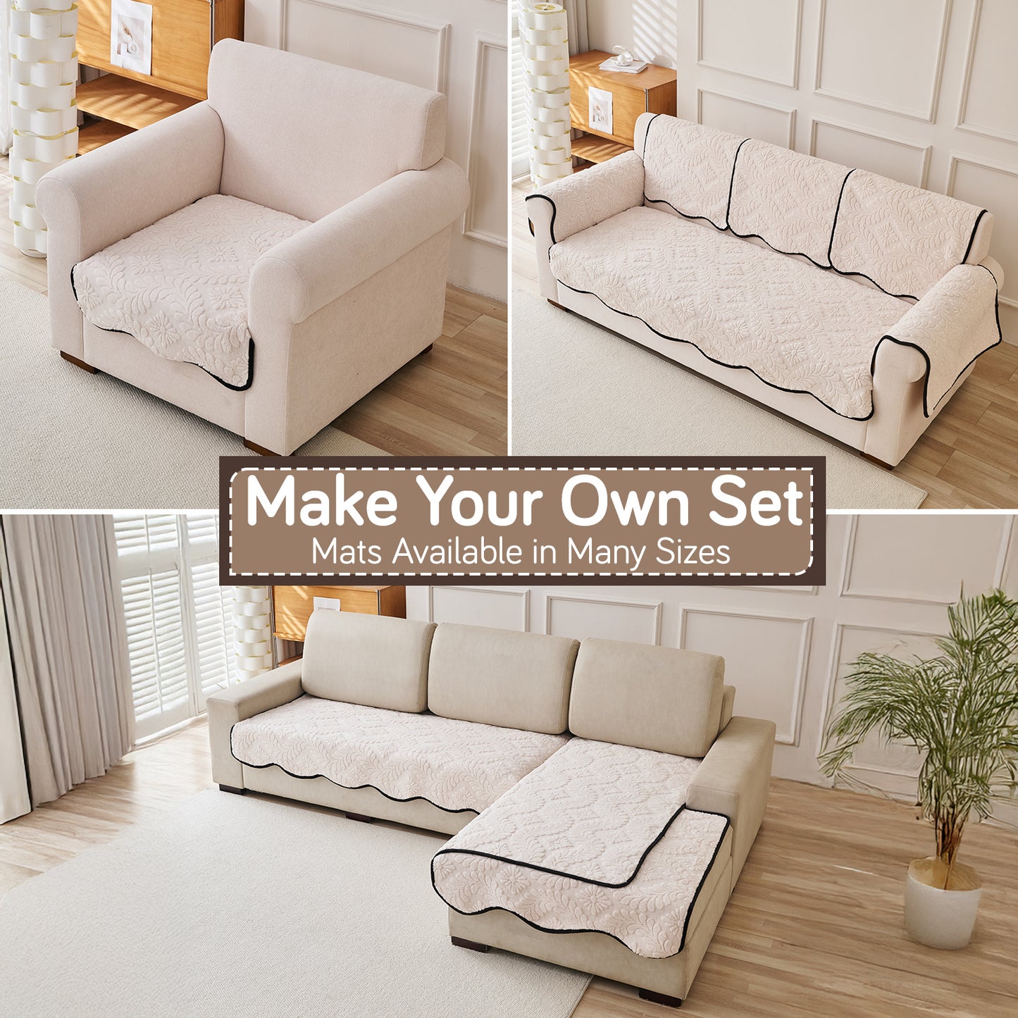Embossed Floral Jacquard Anti-Slip Sofa Cover Mat, 'Wavy Petal Crest Series' Light Cream