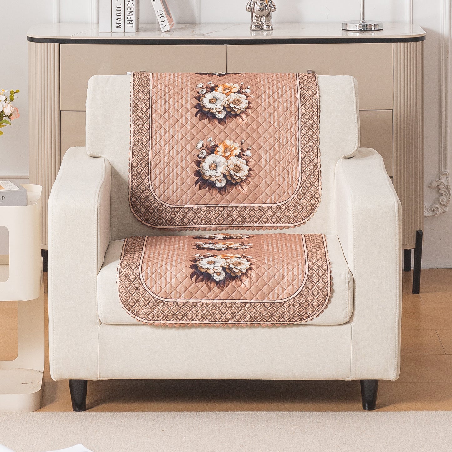 LoomVerse Quilted Sofa Cover Set Washable Sofa Panel for Seat & Back - Vintage Rosette