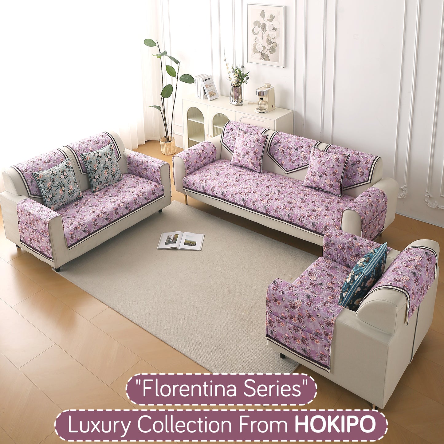 Florentina Series Printed Holland Velvet Sofa Mat - Peony Lavender