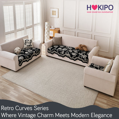 Chenille Sofa Cover Mat with Curvy Edges, 'Retro Curves Series' Sofa Mat, Classic Black