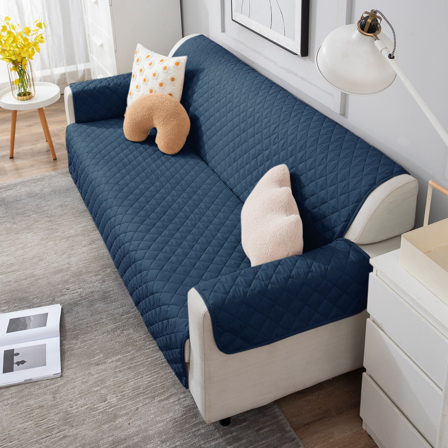 four Seater Navy Blue quilted sofa cover set
