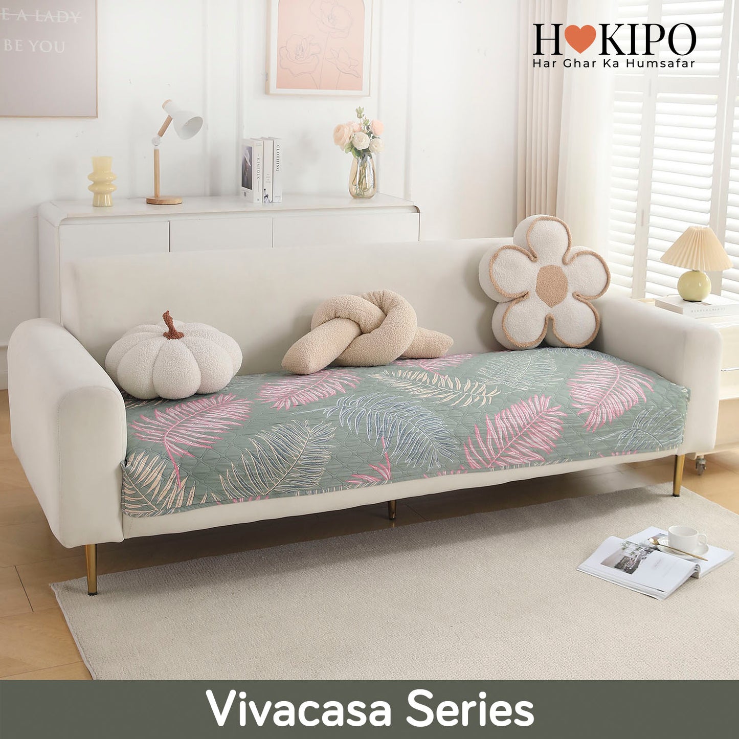 Polyester Printed Quilted Sofa Cover Mats, Tropical Leaves Pastel Green
