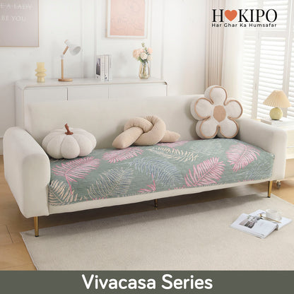 Polyester Printed Quilted Sofa Cover Mats, Tropical Leaves Pastel Green