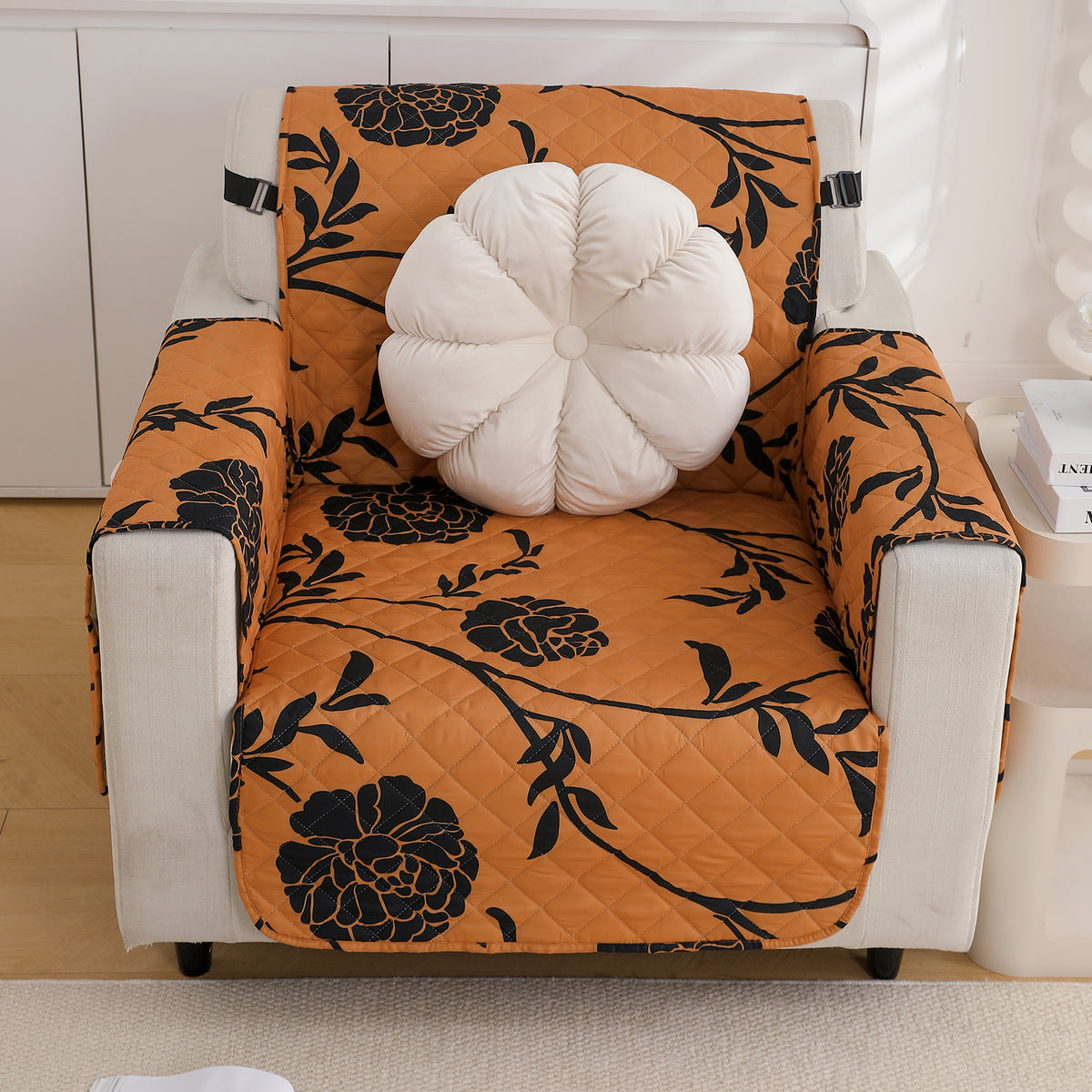 Waterproof & Quick-Dry Quilted Sofa Cover with Pockets on Armrest and Cushion Cover, Copper Brown Floral