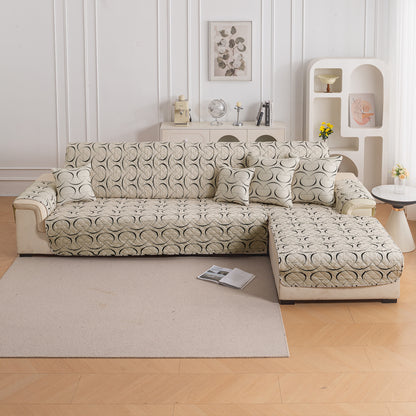 Elira Series Quilted One-Piece L Shape Sofa Cover Mat with Left and Right Chaise, Natural Beige Abstract Art