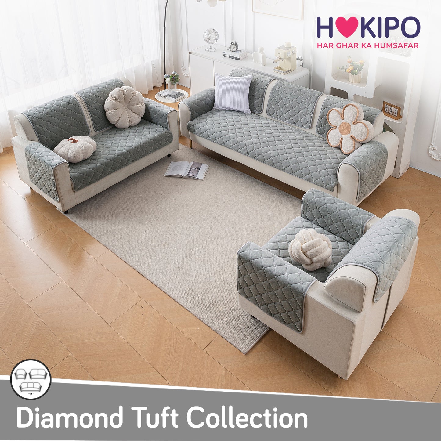 Diamond Tuft Plush Sofa Cover Mat, Stone Grey
