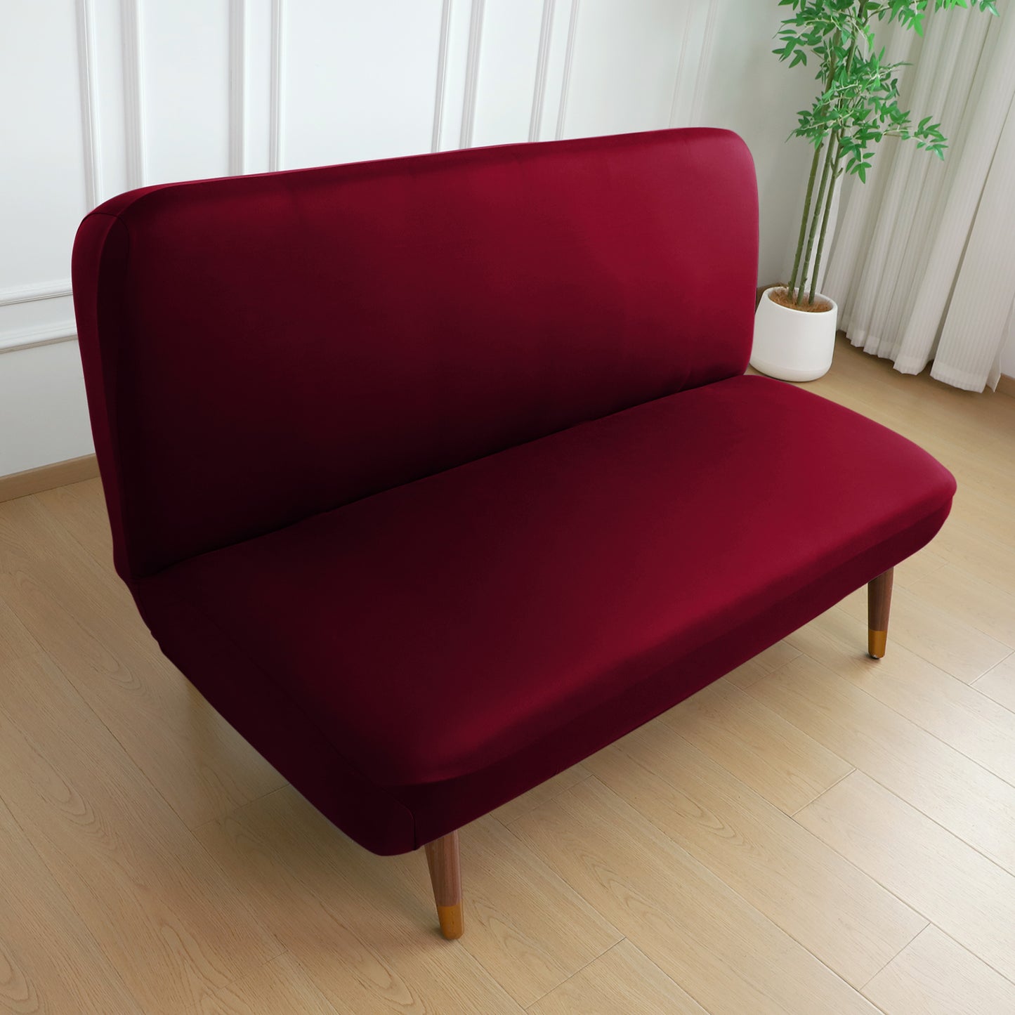 SereneSolids Stretchable Elastic Armless Sofa Cover – 140 GSM, Futon Slipcover, Easy Fit, Burgundy