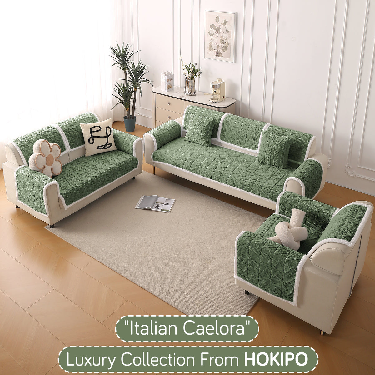 'Italian Caelora' Luxury Jacquard Plush Anti-Slip Sofa Cover Mat - Sage Green