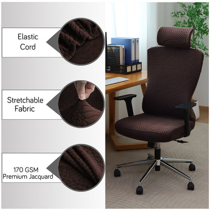 Office Chair Cover with Headrest (High-Back) – 170 GSM Stretch Jacquard – Washable, Anti-Slip Fit for Ergonomic Mesh Office Chairs, Brown