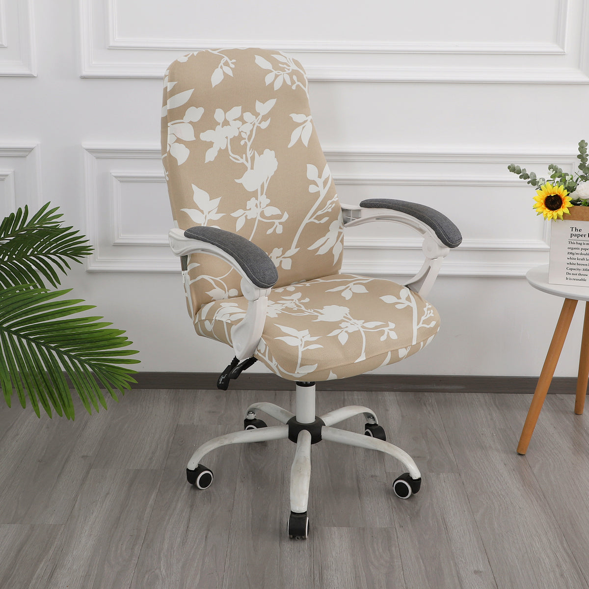 Printed Office Chair Cover for Desk Chair (Mid-Back) – 140 GSM Stretch Fabric – Durable & Anti-Slip – Fits Mid-Back Office Chairs, Buff Brown Sillehoute Floral - Medium