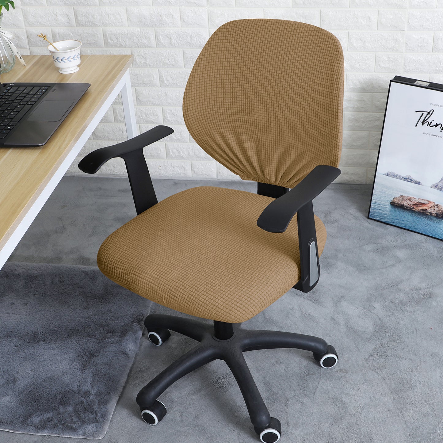 Water Repellent Office Chair Cover for Task Chair – 210 GSM Stretchable Jacquard – Washable & Anti-Slip – Fits Small Office Chairs Without Headrest, Light Brown