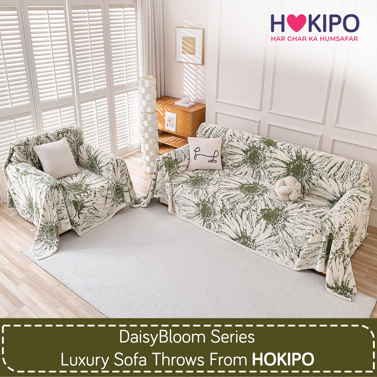 Buy Moss Green Colour DaisyBloom Series Luxury Plush Sofa Throw for 3 1​ Seater Sofa Set | HOKIPO