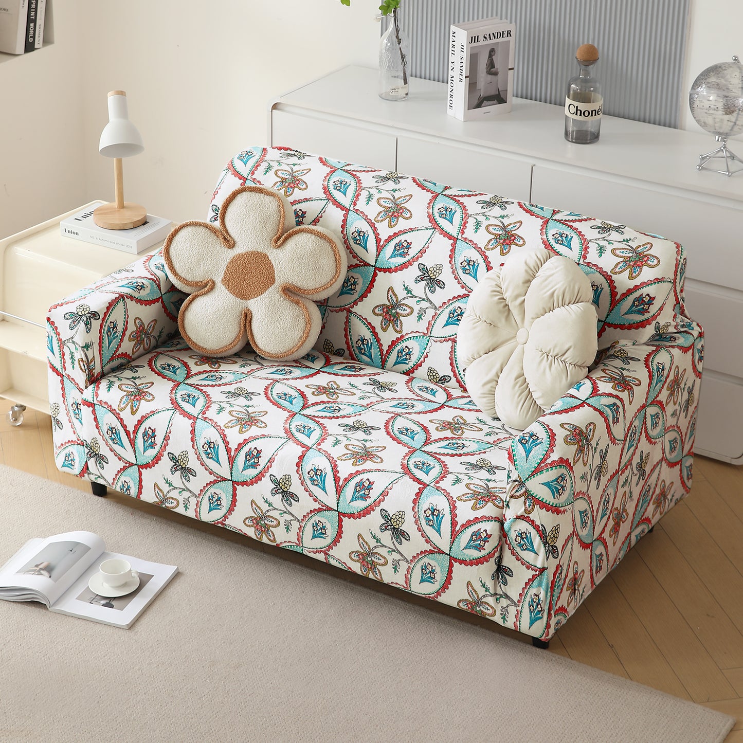 Premium Printed Velvet Sofa Cover 1/2/3 Seaters Fully Covered, Beige Persian Garden