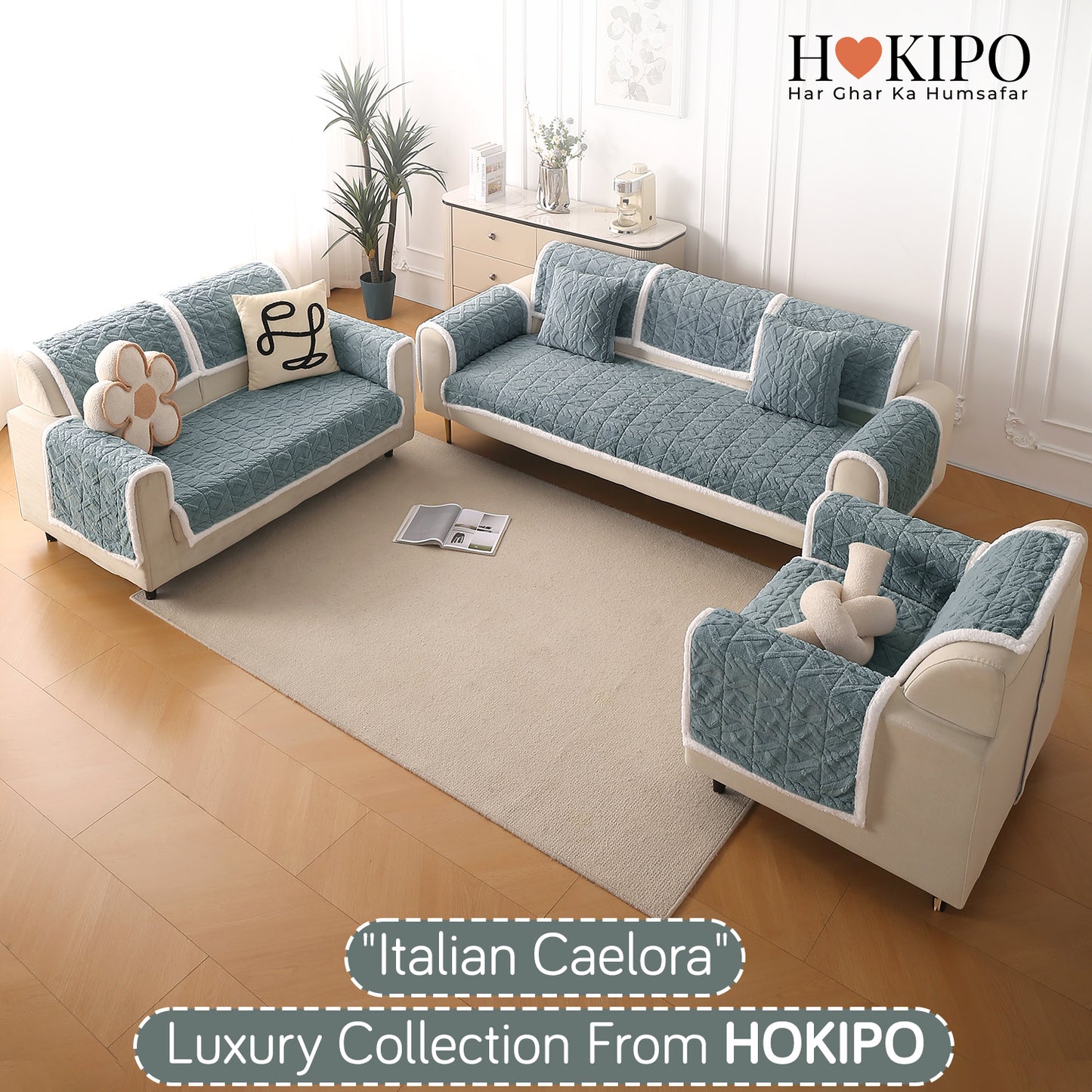 'Italian Caelora' Luxury Jacquard Plush Anti-Slip Sofa Cover Mat - Powder Blue