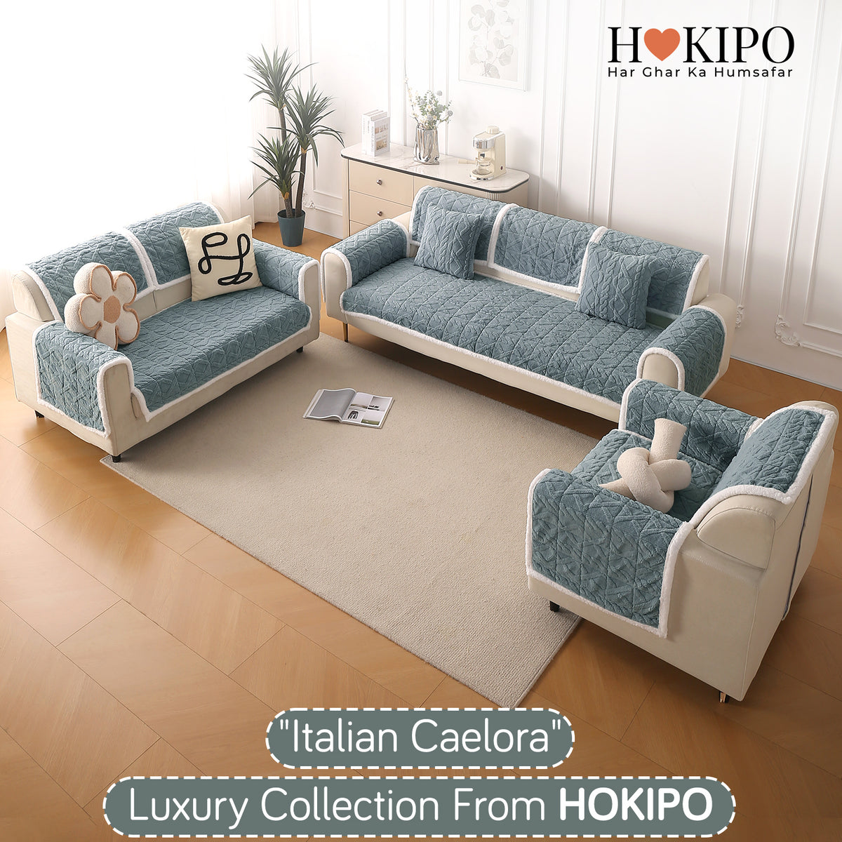 'Italian Caelora' Luxury Jacquard Plush Anti-Slip Sofa Cover Mat - Powder Blue