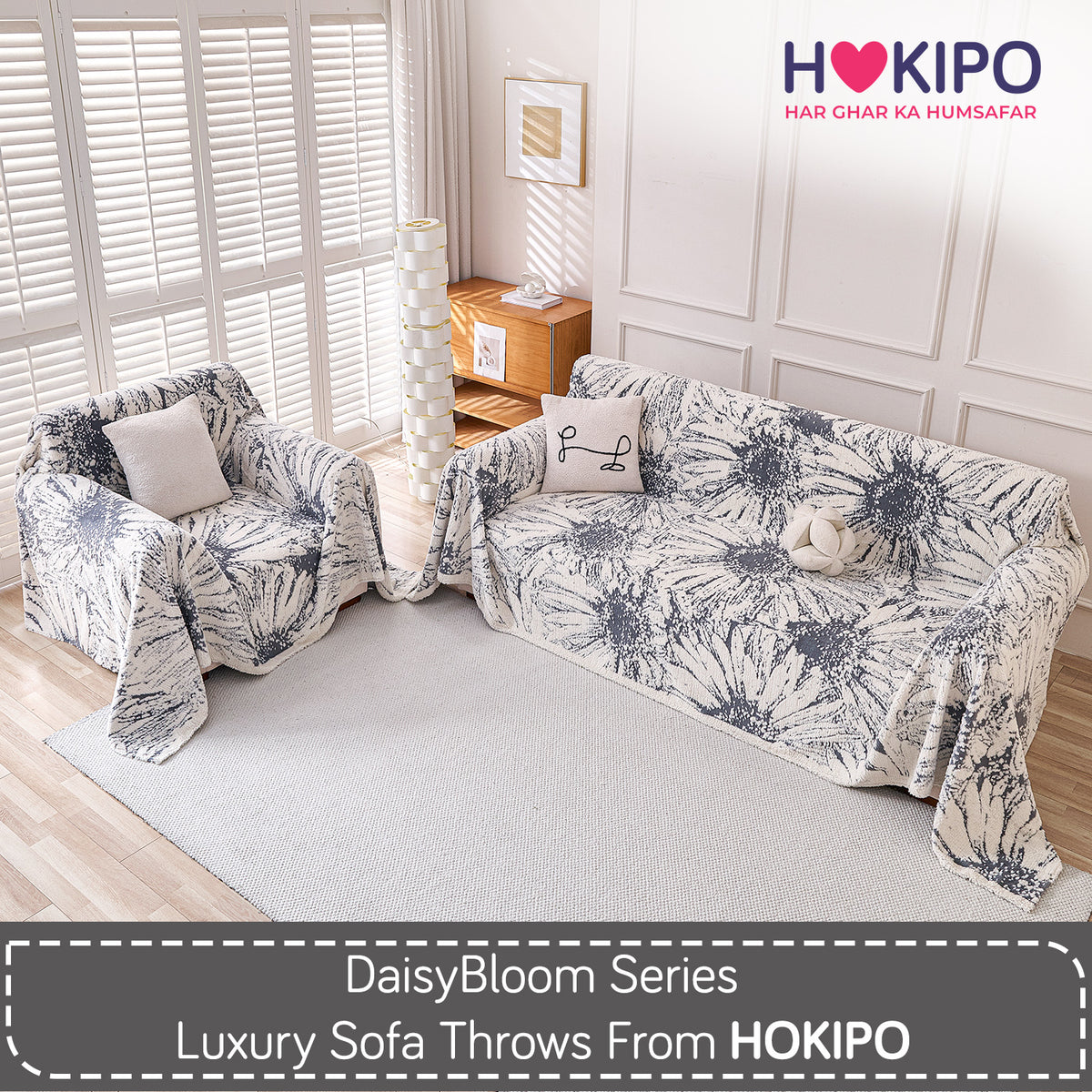 Buy Frost Grey Colour DaisyBloom Series Luxury Plush Sofa Throw or 3+1​ Seater Sofa Set | HOKIPO