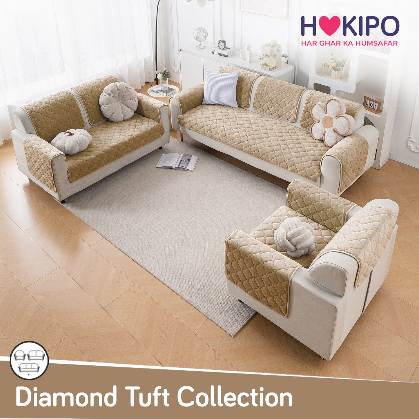 Diamond Tuft Plush Sofa Cover Mat, Sand Beige