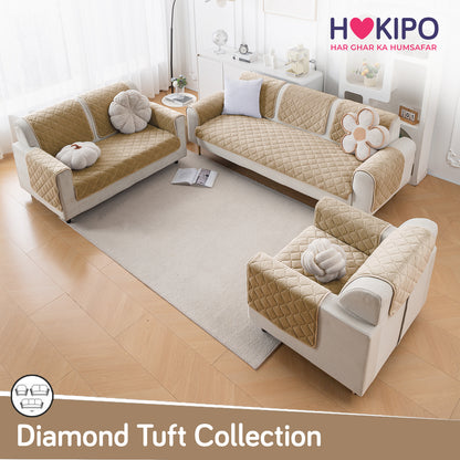 Diamond Tuft Plush Sofa Cover Mat, Sand Beige