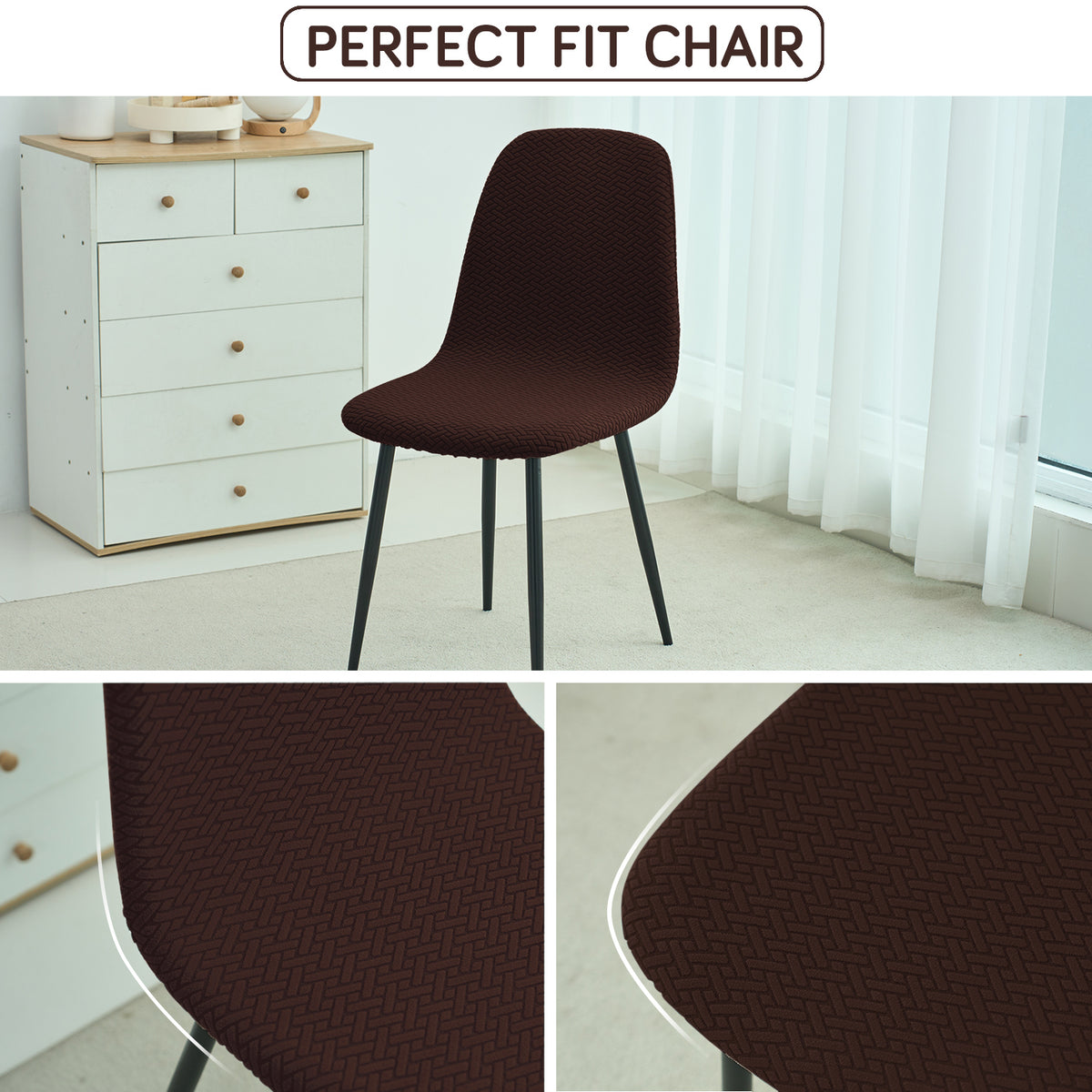 Premium Jacquard Fully Covered Cover for Mid Century Modern Dining Chair, Chocolate Brown