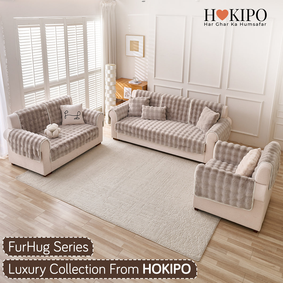 'FurHug' Premium Faux Rabbit Fur Sofa Seat Mats, Latte Brown