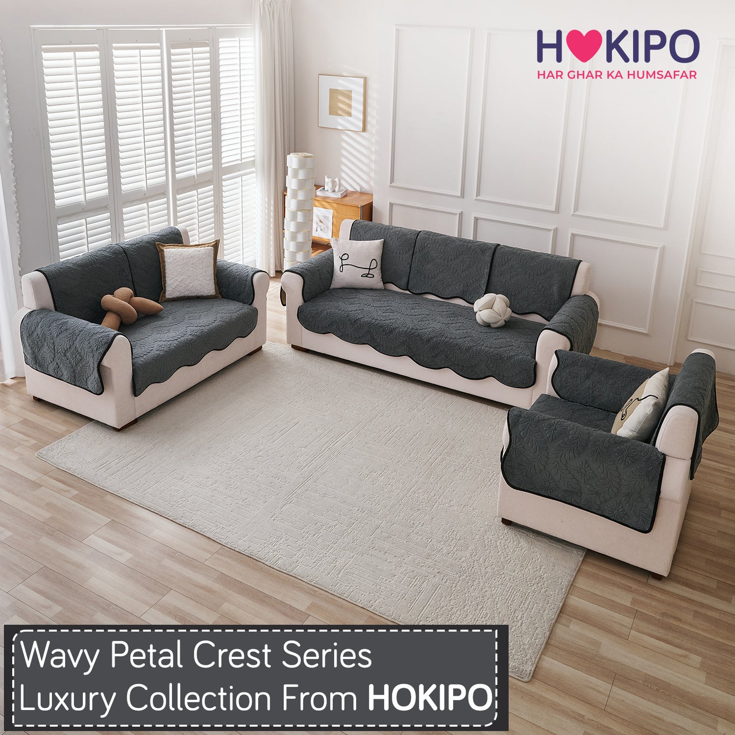 Embossed Floral Jacquard Anti-Slip Sofa Cover Mat, 'Wavy Petal Crest Series' Charcoal Grey