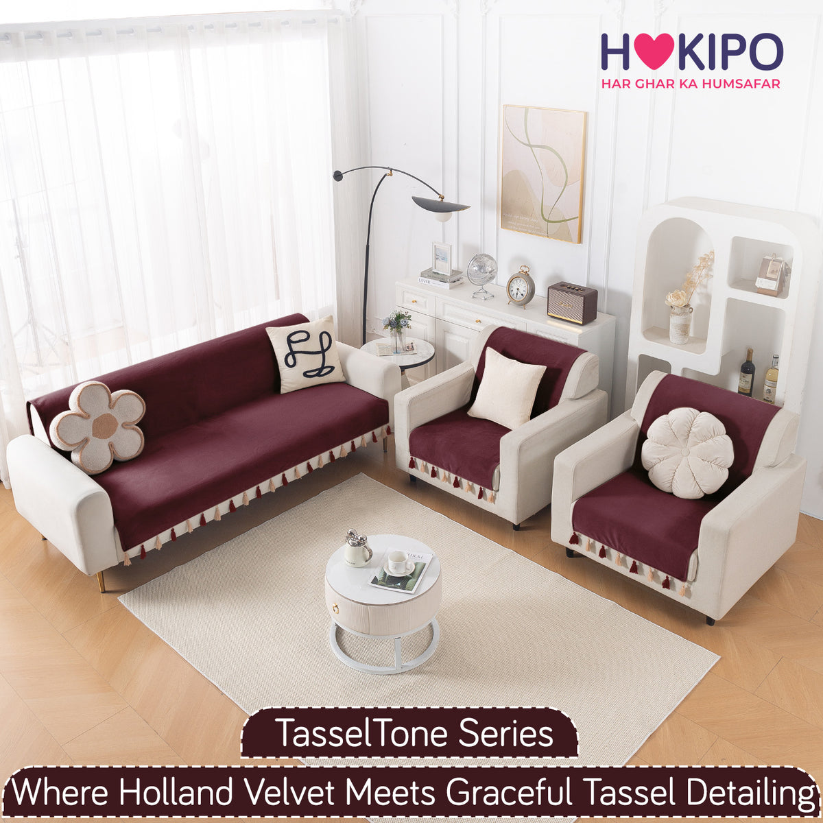 Holland Velvet 5-Seater Sofa Cover (3+1+1), TasselTone Series | Wine Red