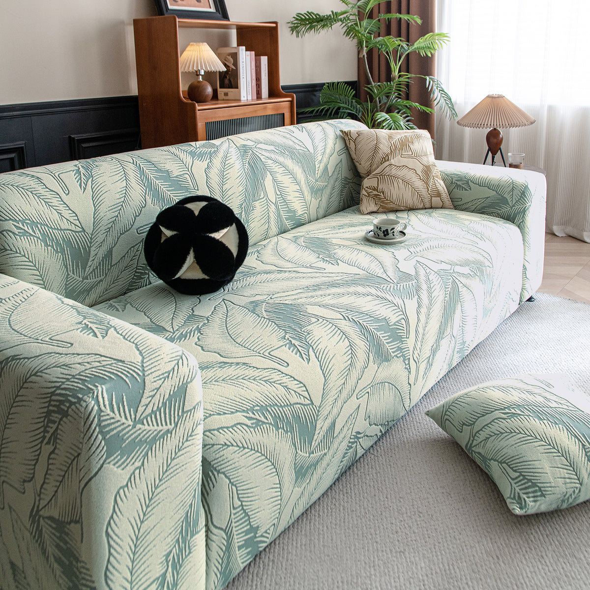 Buy creamish pale green colour dual tone series knitting jacquard sofa cover - 3 seater