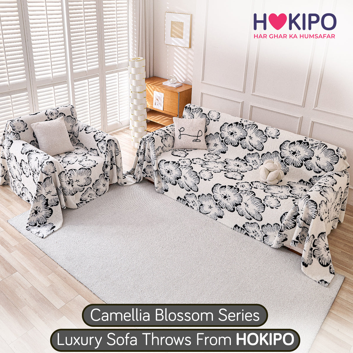 Buy Ivory Blossom Colour Camellia Blossom Luxury Plush Sofa Throw​ for 3 2 seater​ sofa | HOKIPO