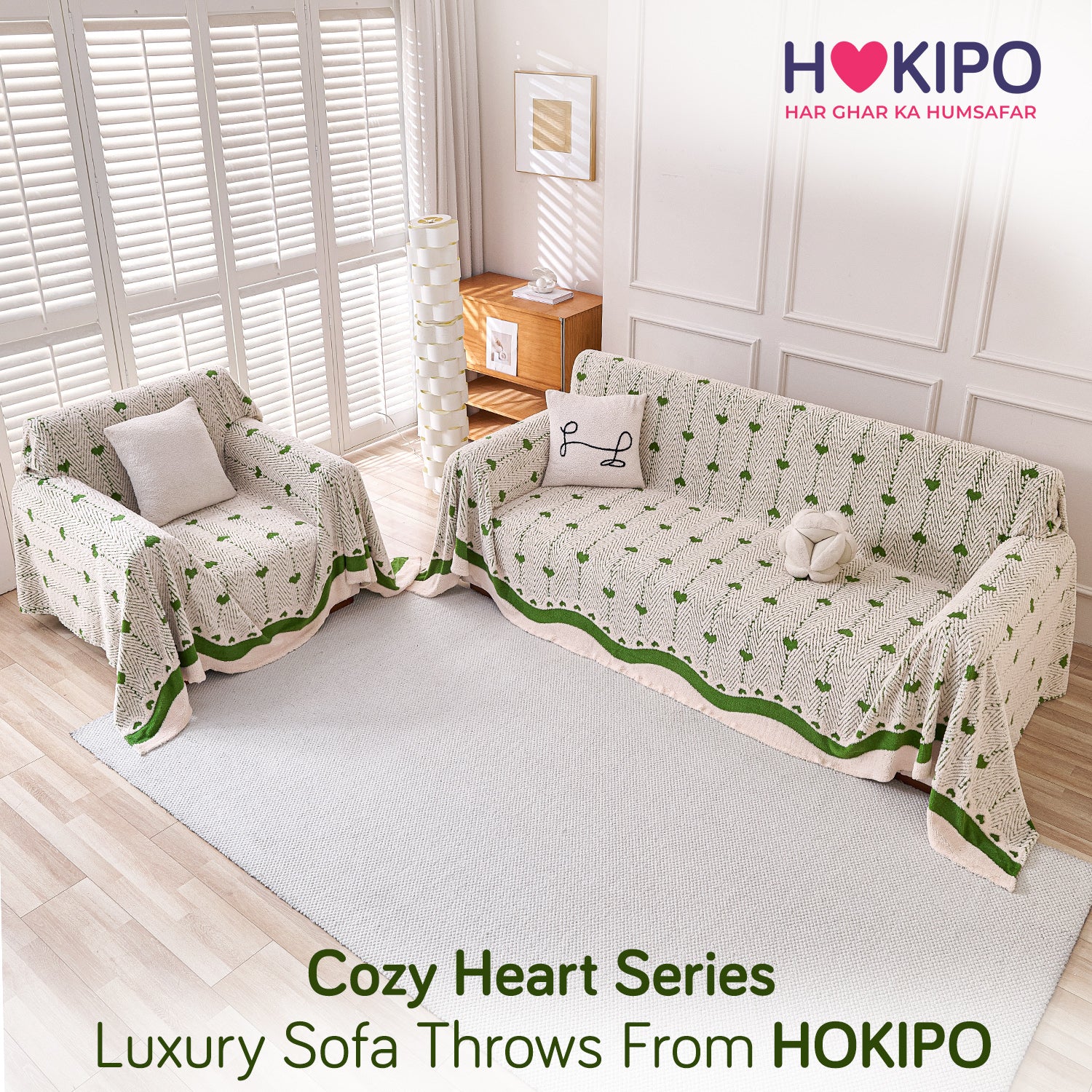 Buy Forest Cream Colour Cozy Heart Series Luxury Plush Sofa Throw or 3+1​ Seater Sofa Set | HOKIPO