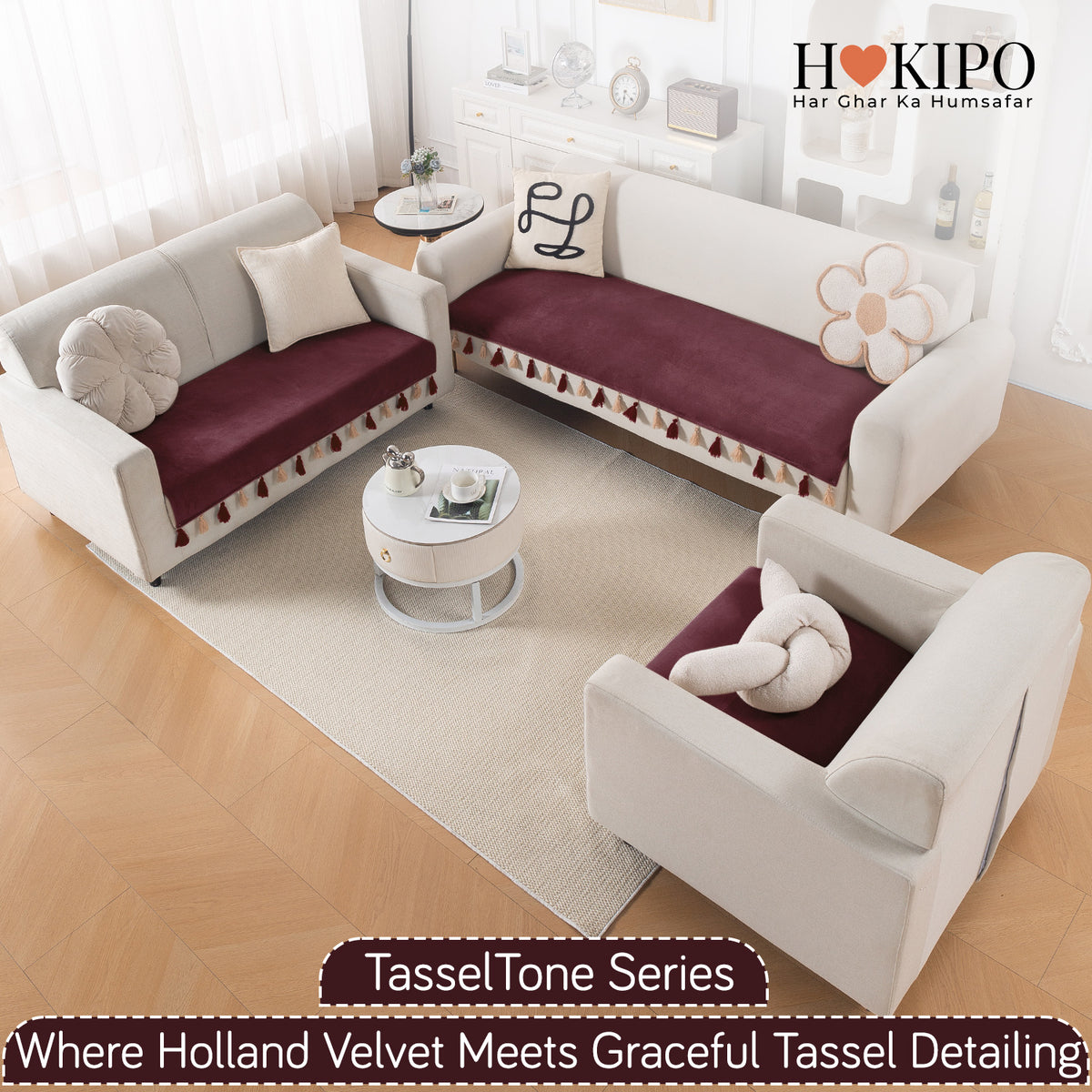 Tassel Tone Holland Velvet Sofa Cover Mat, Wine Red