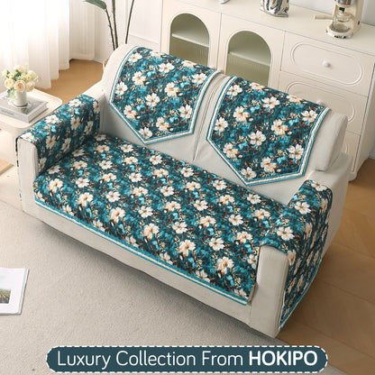 Florentina Series Printed Holland Velvet Sofa Mat - Pansies Teal