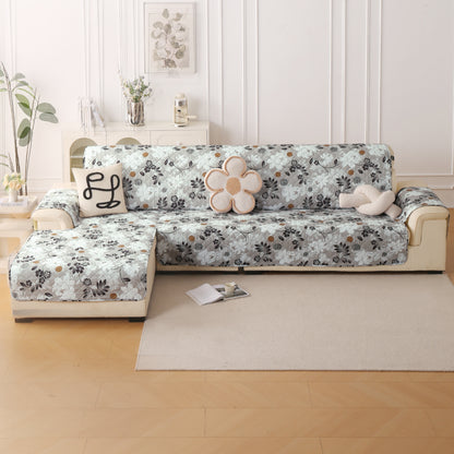 Elira Series Quilted One-Piece L Shape Sofa Cover Mat with Left and Right Chaise, Feather Brown Floral