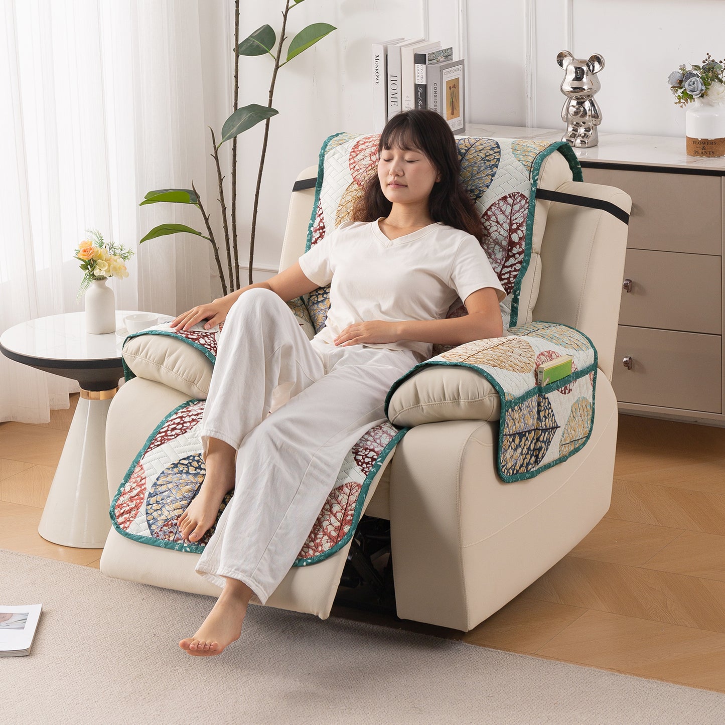 Quilted Cover for Recliner Sofa with SecureFit Belt & Side Pocket, Multicolor Linden Leaf