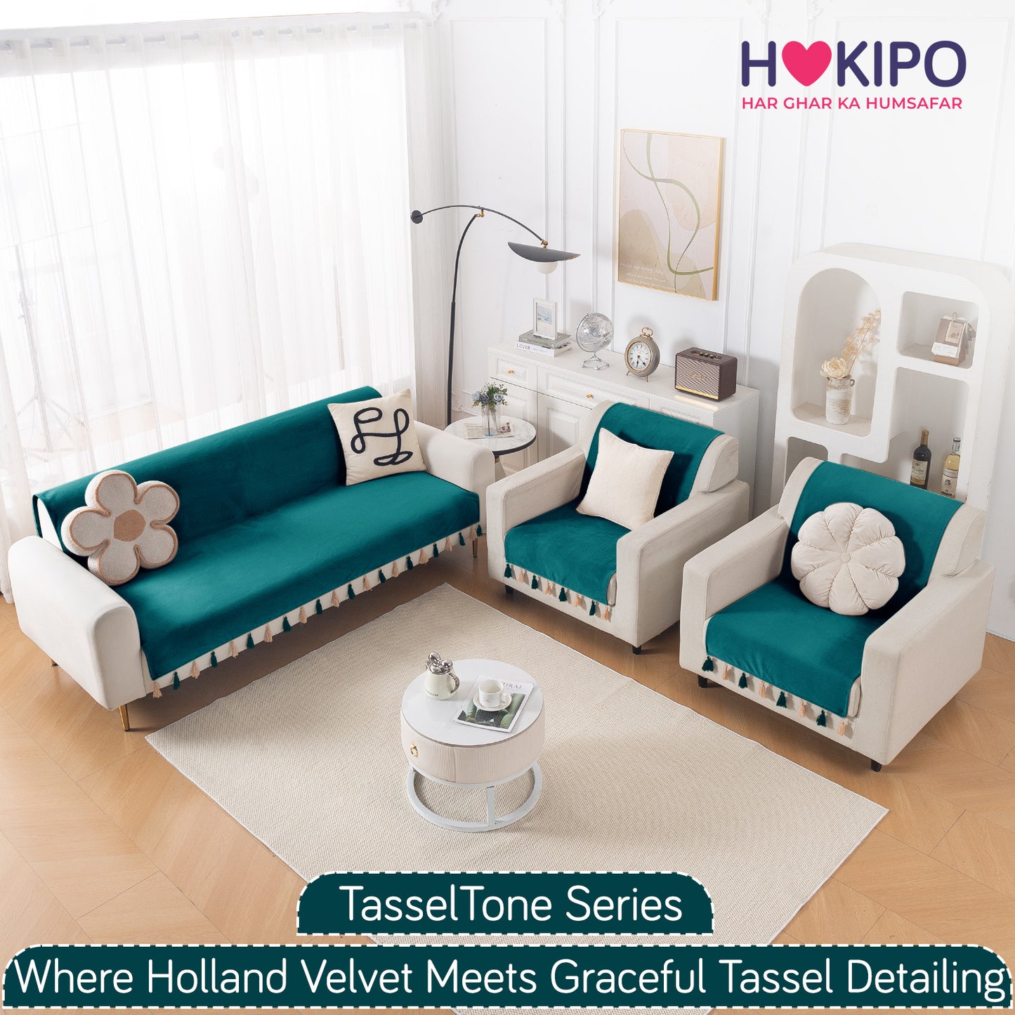 Holland Velvet 5-Seater Sofa Cover (3+1+1), TasselTone Series | Teal