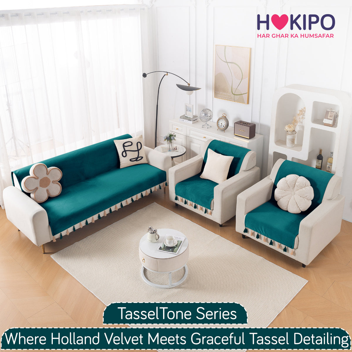 Holland Velvet 5-Seater Sofa Cover (3+1+1), TasselTone Series | Teal